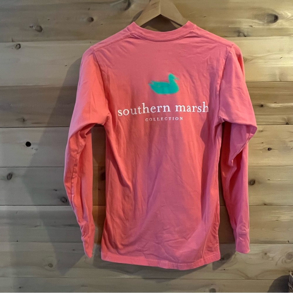Southern Marsh salmon colored long sleeved pocket tshirt
